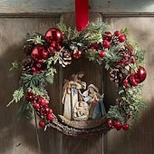 olcso Karácsonyi fények-szent karácsonyi koszorú lámpákkal, elegáns vörös jézus karácsonyi koszorúk, karácsonyi díszek, kültéri karácsonyi koszorú, vegyes díszítéssel telerakott műkoszorú az ablakfal kandalló tornácra