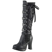 cheap Shoes For Women-Women&#039;s Gothic Lace-Up High Heel Knee-High Boots with Multiple Buckle Straps - Steampunk Style Black Leather Boots with Red Lace Detailing, Perfect for Cosplay and Halloween