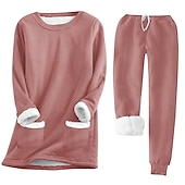 baratos Conjuntos de duas peças-Conjunto de 2 Peças de Calças Quentes Femininas Moda Moleton Calças de Flanela Calças Trousers Manga Longa Decote Redondo Cor Sólida Com Corda Casual Dia-a-Dia Preto Rosa Escuro Azul Outono e Inverno