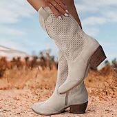 tanie Kowboj i zachodnie buty-damskie perforowane zamszowe kowbojskie buty westernowe - jasnobrązowe, do połowy łydki, oddychające, letnie
