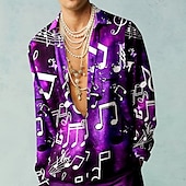economico Musica e Chitarre-Per uomo Poker Note Musicali Camicia Camicia con Bottoni Manica Lunga Casual All&#039;aperto Streetwear Casual Quotidiano Autunno &amp; Inverno Collo ripiegato Bottoni Stampato Nero Bianco Viola