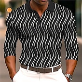 billiga Geometrisk pikétröja för män-Herr Geometrisk Pikétröjor Golftröja Långärmad Polotröjor Skjortor med krage Business Casual Arbetskläder Högtidskläder Festivalkläder Knappar 3D-utskrift Höst vinter Svart Vit