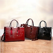 cheap Handbag &amp; Totes-Women&#039;s Black Patent Leather Crocodile Pattern Handbag with Shoulder Strap - Elegant Office Tote Bag for Formal Occasions