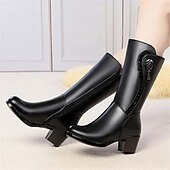 baratos Botas de neve e inverno-botas de inverno femininas pretas de cano médio com forro de pele sintética, enfeite de rosas e salto grosso – botas de neve quentes e elegantes