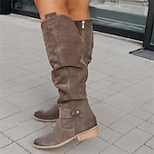 levne Slouch Boots-dámské semišové vysoké boty ke kolenům s přezkou - ležérní plochý podpatek pro každodenní i podzimní módu