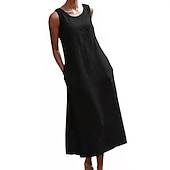 preiswerte Kleider aus Baumwolle und Leinen entwerfen-Damen Schwarz Grau Sommer Frühling Maxikleid Baumwoll-Leinen-Kleider Freizeitkleid Baumwoll-Sommerkleid Stilvoll Basic Modern Outdoor Urlaub Ferien Lässiger Schnitt Einfarbig Rundhalsausschnitt
