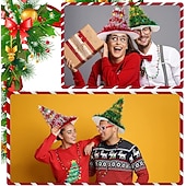 cheap Santa Hat &amp; Accessories-Christmas Hat 2 Pack Light Up Christmas Hats Funny Santa Hat with Tinsel 30 LED Colorful Lights Poms Christmas Costume Accessories for Adults Kids Xmas Tree Hat Holiday Party Theme Hats