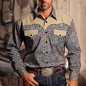Men's Western Shirt Button Up Shirt Cowboy Shirt Long Sleeve Vintage Western Style Casual Daily Fall & Winter Turndown Buttons Print Black khaki4