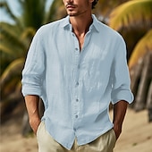 cheap Vacation-Men&#039;s Shirt Cotton Linen Shirt Summer Shirt Beach Wear Button Up Shirt Plain Vacation Curise Black White Pink Navy Blue Long Sleeve Lapel Spring &amp; Summer Clothing Apparel