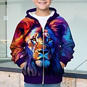 billiga Pojkens 3D-djur-Pojkar 3D Lejon Huvtröja Kappa Ytterkläder Långärmad 3D-tryck Höst Vinter Mode Streetwear Häftig Polyester Barn 3-12 år Utomhus Ledigt Dagligen Normal