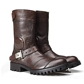baratos Botas de motociclista-botas masculinas de couro sintético marrom para motociclistas com tiras de fivela – botas resistentes de cano médio para motociclistas e uso ao ar livre
