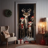 abordables Cubiertas para puertas navideñas-Adornos navideños para puertas, renos, cubiertas para puertas, tapiz para puertas, decoración de cortinas para puertas, telón de fondo navideño, pancarta para puerta de entrada, suministros de