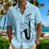 olcso Zene és gitárok-Férfi Zene Jegyzetek Hangszer Ing Hawaii ing Gombos póló Rövid ujjú Divat Dizájn Alkalmi Szabadtéri Utca Hétköznapi Nyár Tavasz Térfogatcsökkenés Nyomtatott Fehér Arcpír rózsaszín Medence Lóhere