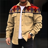 Men's Tribal Geometry Ethnic Shirt Shirt Jacket Overshirt Long Sleeve Vintage Casual Tribal Outdoor Street Casual Daily Fall & Winter Turndown Buttons Pocket Print Brown khaki4