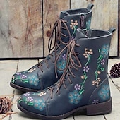 cheap Ankle Boots-Women&#039;s Vintage Floral Embroidered Lace-Up Ankle Boots - Bohemian Style Leather Boots with Side Zipper for Fall and Winter