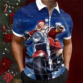 Christmas Men's Santa Claus 3D Zipper Polo Santa Claus Casual Print 3D Zip Golf Outdoor Daily Wear Streetwear Polyester Short Sleeve Turndown Zip Shirts Navy Blue Blue Autumn / Fall S M L4