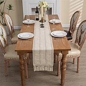 economico Runner da tavolo-Runner da tavolo in misto cotone e lino decorazione per il tavolo da pranzo, runner da tavolo in stile rustico con bandiera da tavolo per cene di nozze e feste