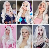 cheap Synthetic Trendy Wigs-White Wigs for Women 26 Inches Long White Wig Synthetic Wig Middle Part Natural Looking White Wavy Wig for Daily Use Halloween Cosplay Wig Christmas Party Wigs