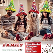 cheap Santa Hat &amp; Accessories-Christmas Hat 2 Pack Light Up Christmas Hats Funny Santa Hat with Tinsel 30 LED Colorful Lights Poms Christmas Costume Accessories for Adults Kids Xmas Tree Hat Holiday Party Theme Hats