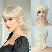 voordelige Synthetische trendy pruiken-korte blonde pruik shaggy gelaagde jaren 80 mul pruik pixie-cut pruik met pony krullend synthetisch natuurlijk nep haar vervangende pruiken voor vrouwen dagelijks feest cosplay kostuum gebruik