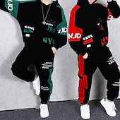 cheap Sets-2 Pieces Kids Boys Hoodie &amp; Pants Outfit Graphic Letter Long Sleeve Pocket Set Outdoor Fashion Cool Spring Fall 7-13 Years Black Dark Green