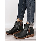 abordables Botines-Mujer Botas Tallas Grandes Exterior Diario Botines Botines Invierno Cremallera Tacón Plano Dedo redondo Vintage Casual Zapatos de Paseo Cuero PU Cremallera Plaid Bloque de color Negro Vino Morado