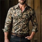 economico camicie western da uomo-Per uomo Camouflage Camicia Camicia occidentale Camicia da cowboy Manica lunga Informale Da tutti i giorni Per uscire Fine settimana Autunno inverno Collo ripiegabile Tasche Stampa Bottone giù Verde