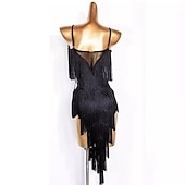 cheap Latin Dancewear-Latin Dance Dress Fringed Tassel Pure Color Splicing Women&#039;s Performance Party Sleeveless Polyester