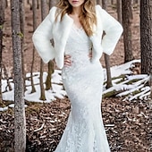 billige Pelssjal-Pelssjal Sjale Sjal til kvinner Bolero Enkel Elegant Langermet Terylene Bryllup Wrap Med Fjær / pels Til Bryllup Høst vinter