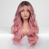 abordables Perruques Synthétiques Sans Bonnet-Perruque longue ondulée rose pour femme - Perruque rose ombré - Racine foncée - 66 cm - Avec frange - Perruque bouclée ondulée - Aspect naturel - Fibre synthétique résistante à la chaleur - Pour une