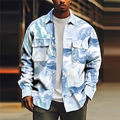 economico giacca camicia da uomo-Per uomo Effetto marmo Rampa gradiente Camicia Giacca da camicia Sovracamicia Manica lunga Informale Esterno Strada Casual / quotidiano Autunno inverno Collo ripiegabile Bottoni Tasche Stampa Blu