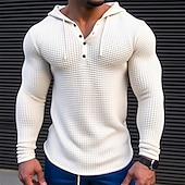 preiswerte T-Shirt mit Waffelstrick-Herren T Shirt Waffel-Henley-Hemd T-Shirt Langarmshirt Langarm Mit Kapuze Frühling &amp; Herbst Farbblock Mode Designer Basic Patchwork Urlaub Straße Ausgehen Weiß Khaki Armeegrün Top T-Shirt für Herren