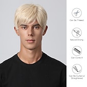 preiswerte Trendige synthetische Perücken-Synthetische Perücke, verworrener gerader Mittelteil, geschichteter Haarschnitt, maschinell hergestellte Perücke, 20,3 cm, hellgoldenes Kunsthaar, Herren, Cosplay, Party, Mode, blond,