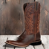 tanie Kowboj i zachodnie buty-męskie brązowe haftowane kowbojskie buty ze sztucznej skóry w stylu western - klasyczny, wytrzymały styl rodeo z kwadratowymi noskami do rancza i noszenia na zewnątrz