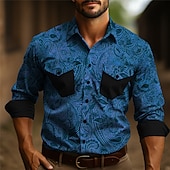 voordelige westernhemden voor heren-Voor heren Overhemd Westers overhemd Cowboyshirt Lange mouw Vintage Buiten Straat Casual / Dagelijks Herfst winter Strijkijzer Knop Afdrukken blauw Bruin Grijs