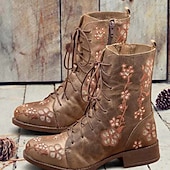 cheap Ankle Boots-Women&#039;s Vintage Floral Embroidered Lace-Up Ankle Boots - Bohemian Style Leather Boots with Side Zipper for Fall and Winter