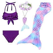 voordelige Zeemeermin badpak-Kinderen Voor meisjes Vijf stuk Zeemeermin zwemkleding Badmode Bikini Strand Zwemmen Regenboog Tie Dye leuke Style Badpakken 3-10 jaar Zomer Licht Blauw Kleurrijk
