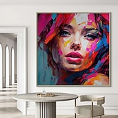 cheap People Paintings-Best on Canvas Handmade Abstract Portrait Oil Painting The Hot Color Hand-Painted Knife David Palette Woman Face Oil Paintings