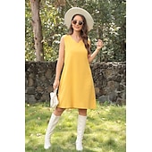 cheap Design Cotton &amp; Linen Dresses-Women&#039;s Black Yellow khaki Summer Spring Midi Dress Linen-Inspired Dresses Casual Dress Cotton Linen Dress Basic Casual Outdoor Vacation Daily Regular Fit Pure Color V Neck