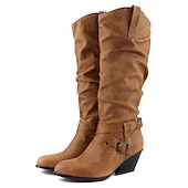 olcso Slouch Boots-női nyúlós, térdig érő csizma csatos pánttal és egymásra rakott sarokkal, sokoldalú alkalmi lábbeli, többféle színben elérhető őszre és télre