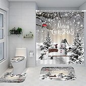 abordables Baño de Navidad-Cortina de ducha navideña de muñeco de nieve, juego de cortinas impermeables con 12 ganchos, accesorios de baño navideños, decoración navideña