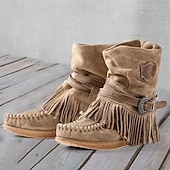 olcso Slouch Boots-női rojtos velúr mokaszin csizma csatos részletekkel - lezser és kényelmes western stílusú bokacsizma