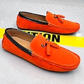 cheap Men&#039;s Slip-ons &amp; Loafers-Men&#039;s Orange and Blue Suede Driving Loafers with Tassel Detail and Non-Slip Rubber Sole - Stylish and Comfortable for Casual and Driving Wear