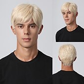 preiswerte Trendige synthetische Perücken-Synthetische Perücke, verworrener gerader Mittelteil, geschichteter Haarschnitt, maschinell hergestellte Perücke, 20,3 cm, hellgoldenes Kunsthaar, Herren, Cosplay, Party, Mode, blond,