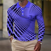 billiga Geometrisk pikétröja för män-Herr Geometrisk Våffelpikétröjor Golftröja Långärmad Polotröjor Skjortor med krage Business Casual Semesterkläder Högtidskläder Festivalkläder Knappar 3D-utskrift Höst vinter Vit Gul Blå