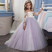preiswerte Kleider für die Blumenmädchen-Blumenmädchenkleid Mädchen Prinzessinenkleid Kleid für die Erstkommunion Party Kleid Leistung Hochzeit Party Prinzessin Süß Gitter Feste Farbe Langarm Rundhalsausschnitt Weiß Elfenbein 2-12 Jahre