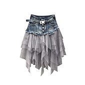 cheap Plain Skirts-Women&#039;s Skirt A Line Basic Long Carnival Costumes Ladies Asymmetrical Skirts Color Block Solid Colored Pleated Tulle Vacation Daily Wear Black Light Blue Summer Denim