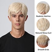 preiswerte Trendige synthetische Perücken-Synthetische Perücke, verworrener gerader Mittelteil, geschichteter Haarschnitt, maschinell hergestellte Perücke, 20,3 cm, hellgoldenes Kunsthaar, Herren, Cosplay, Party, Mode, blond,
