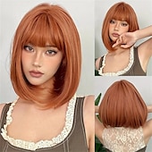 お買い得  トレンドの合成ウィッグ-ブラウン 14 インチ ボブ ショート ストレート ヘアウィッグ 前髪付き かわいい 合成繊維 女性用ウィッグ 毎日のハロウィーンパーティー コスプレ用 クリスマスパーティーウィッグ