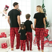 cheap Christmas Family Pajamas-Family Christmas Family Pajamas Pajamas Graphic Plaid Pajamas Cute Christmas Pajamas School Print Colorblock Black White Long Sleeve Mommy And Me Outfits Active Matching Outfits